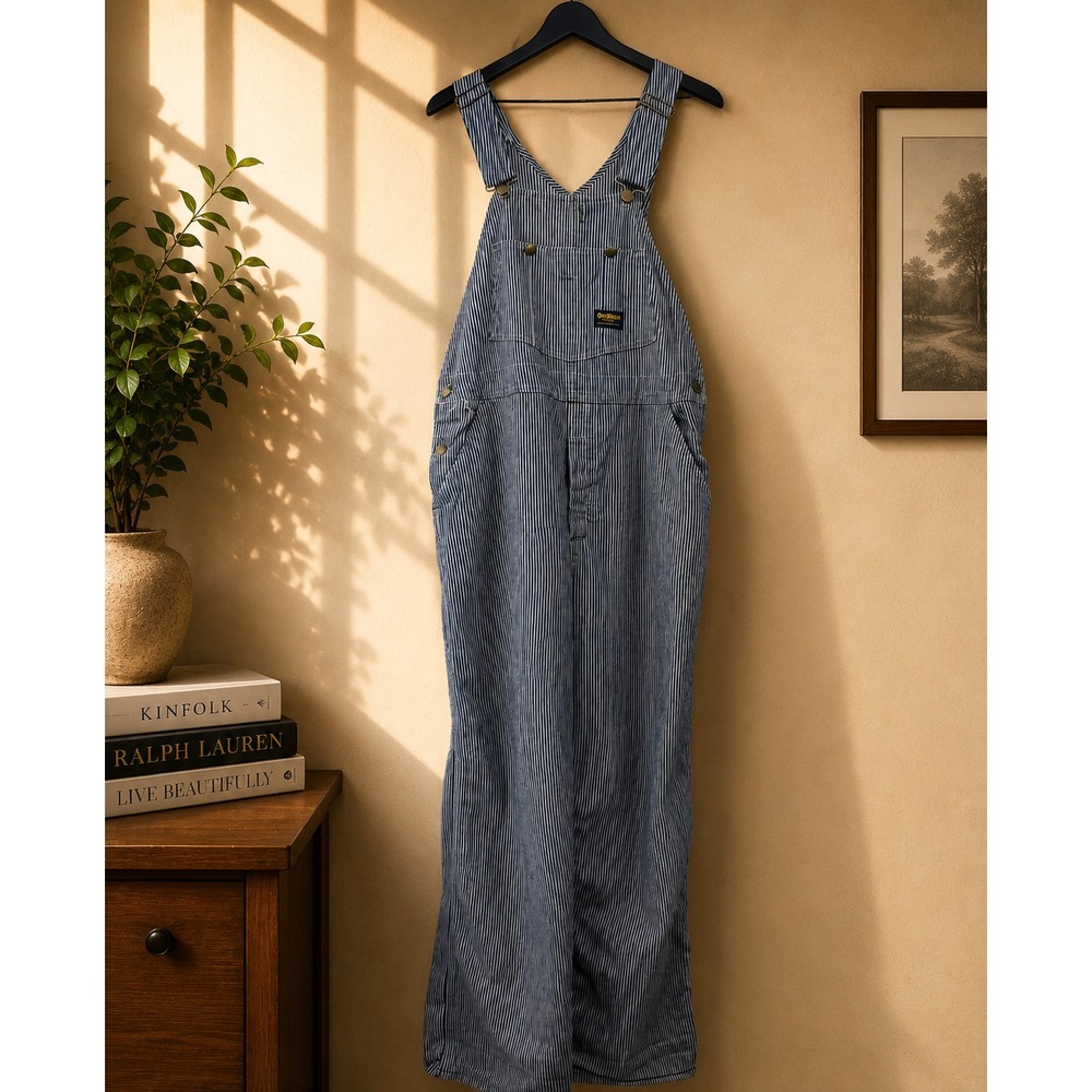 Vintage Oshkosh Bgosh Denim Overall Bib Mens 38x30 Blue Striped USA Made Vestbak